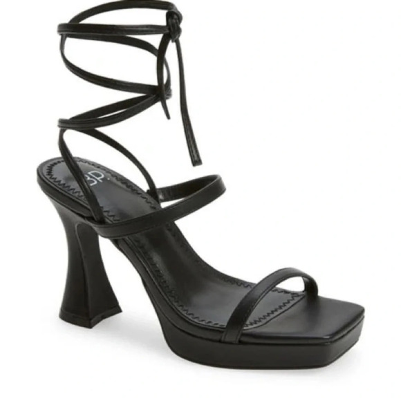BP Netta Platform Sandal in Black Size: 9.5M wrapped ankle dramatic flare heel - Picture 1 of 8